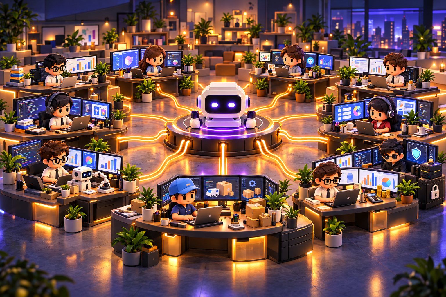 Specialist characters working at their desks around ZIVYAN.